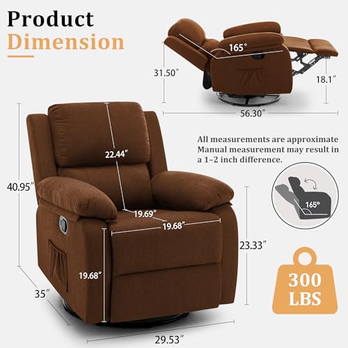 Korser Recliner Chair, 360 Swivel Rocker Chair for Adults, Small Rocking Recliner for Small Spaces, Upholstered Fabric Glider Recliner Nursery