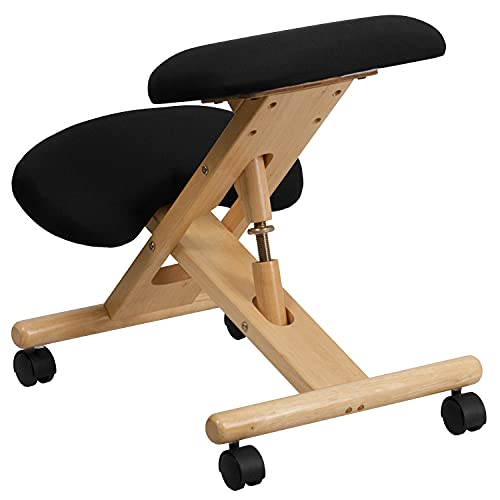 Flash Furniture Posey Mobile Wooden Kneeling Office Chair for Improved Posture, Height-Adjustable Ergonomic Office Kneeling Chair, Natural/Black Flash Furniture