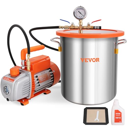 VEVOR 5 Gallon Vacuum Chamber and 3.5 CFM Pump Kit, Tempered Glass Lid Vacuum Degassing Chamber Kit, Single Stage Vacuum Pump with 250 ml Oil Bottle, for Stabilizing Wood, Degassing Silicones, Epoxies VEVOR