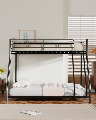 Miscoos Metal Twin Over Full Bunk Bed, Heavy Duty Bunk Beds with Safety Guardrail and Ladder, Noise Reduction, No Box Spring Needed, Black Miscoos