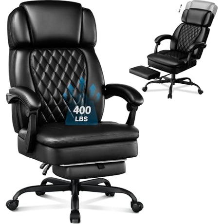 400lbs Executive Office Chair with Foot Rest for Heavy People, Ergonomic Big and Tall Desk Chair with Adjustable Headrest, High Back PU Leather Comfy Heavy Duty Computer Chair with Spring Cushion WAILOR