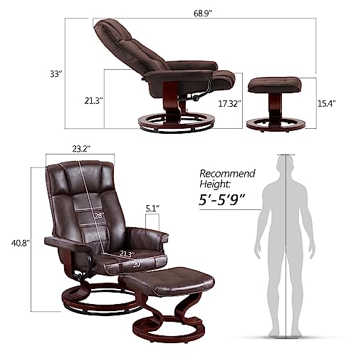 MCombo Manual Swivel Recliner with Ottoman, Chair Ottoman Set for RV Small Spaces, Living Room, Bedroom, Office 9019 4919 (Faux Leather, Dark Brown)