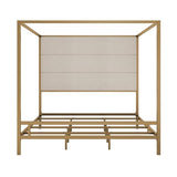Merax King Size Gold Metal Canopy Bed Frame, Modern Upholstered Linen Headboard with Tall Back Support, 800 lbs Weight Capacity, Luxurious 4-Poster Bedroom Furniture for Modern Home, Gold+Tan