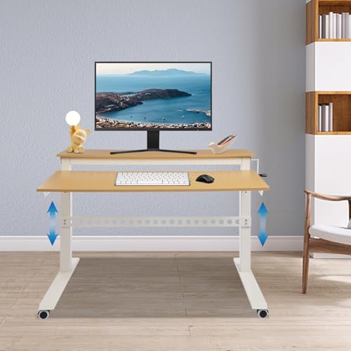 Ongniong 2 Tier Standing Rolling Desk Adjustable Height 47" Wide Manual Crank Mobile Standing Desk with Steel Frame Portable Stand up Desk Double Level Workstation 66.14lbs Weight Capacity Ongniong
