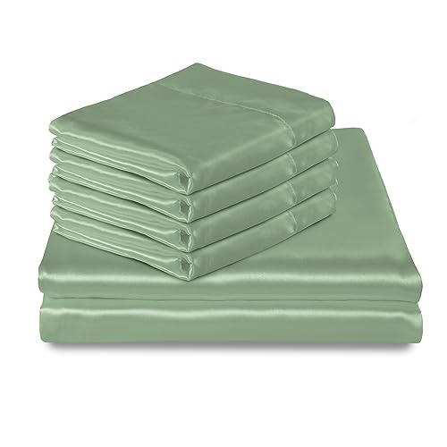 INVGEEXI 5 Pieces Satin Sage Green Duvet Cover Full/Queen Size, Luxury Silky Satin Duvet Cover Ultra Soft Comforter Cover Queen Bedding Set, 1 Duvet Cover + 4 Pillow Cases INVGEEXI