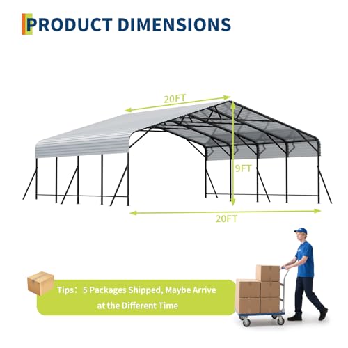 Garvee 20x20x9 ft Metal Carport, Oversized Metal Garage with Galvanized Steel Roof for All Weather, Heavy Duty Carports for Car, Boats and Tractor Garvee