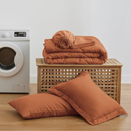 Love's cabin Twin Comforter Set Terracotta, 5 Pieces Twin Bed in a Bag, All Season Bedding Sets with 1 Comforter, 1 Flat Sheet, 1 Fitted Sheet, 1 Pillowcase and 1 Pillow Sham Love's cabin