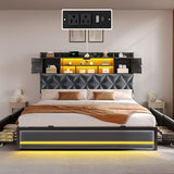 DWVO King Size Bed Frame with RGB LED Lights & Storage Bookcase Headboard, Upholstered Bed with Charging Station and 4 Drawers, No Box Spring Needed, Easy Assembly, Noise-Free, Velvet Grey DWVO