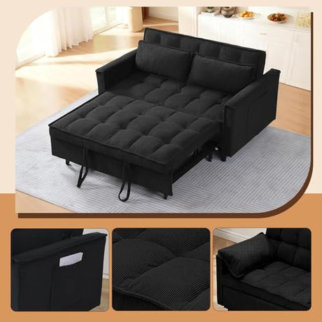 3 In 1 Corduroy Convertible Sofa Bed,Pull Out Couch Bed with Reclining Backrest And 2 Pillows, 54" Full Size Loveseat Sleeper Sofa Futon Couch Bed, Couches For Small Spaces, Living Room (Black ①) Xinmviec