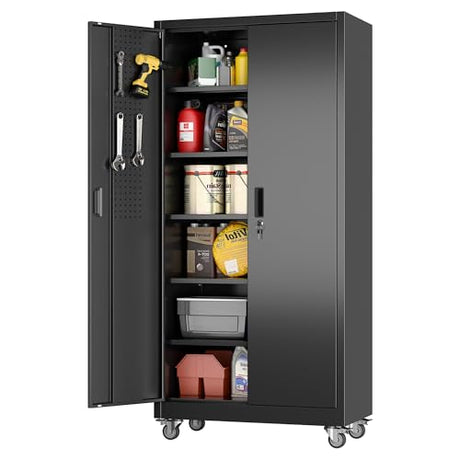 Aobabo Upgraded Garage Storage Cabinets with Wheels,Metal Storage Cabinets with 5 Adjustable Shelves for Garage Home Office Storage, Black,71''H*34''W*18''D,Assembly Required Aobabo