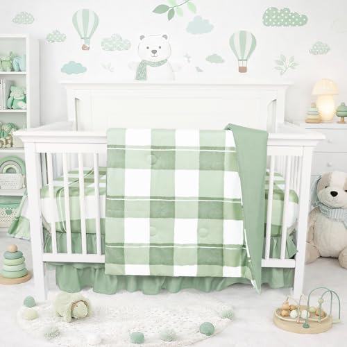 HNHUAMING 4-Piece Crib Bedding Set for Girls Boys, Baby Crib Bedding Set for Newborn & Infant, Neutral Nursery Bed Set Includes Comforter, Fitted Sheet, Crib Skirt, and Diaper Stacker, Green Checkered HNHUAMING