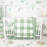 HNHUAMING 4-Piece Crib Bedding Set for Girls Boys, Baby Crib Bedding Set for Newborn & Infant, Neutral Nursery Bed Set Includes Comforter, Fitted Sheet, Crib Skirt, and Diaper Stacker, Green Checkered HNHUAMING