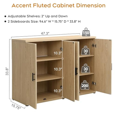 Yechen 94.6" Fluted Sideboard Buffet Cabinet with Storage and 8 Doors, Mordern Credenza Storage Cabinet with Adjustable Shelves, Media Console Table, for Living Room Dinning Kitchen/Oak(2 PCS) Yechen