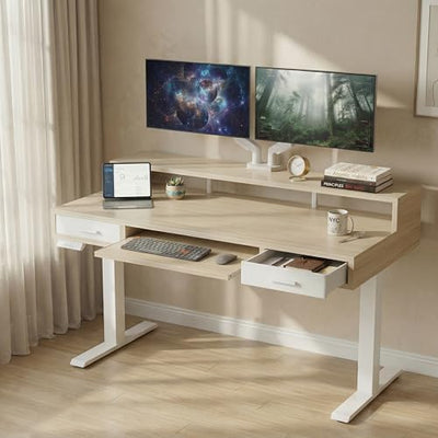 HUANUO 55″ x 26″ Electric Standing Desk with 2 Drawers &24.4″ Large Keyboard Tray, C-Clamp Mount Compatible, Adjustable Computer Desk for Office, Sit Stand Up Desk with 4 Height Presets, Light Walnut