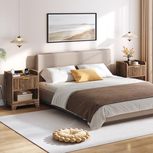 HOOBRO Fluted Nightstand with Charging Station, End Table with Hidden Drawer, Modern Bedside Table, Wooden Night Stand for Bedroom, Study, Dark Walnut WL351UBZ01 HOOBRO