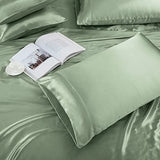 TREELY 6 Piece Queen Size Satin Sheets Set - Silky Smooth Sage Green With Deep Pocket, Fitted Sheet, Flat Sheet, 4 Pillowcases TREELY
