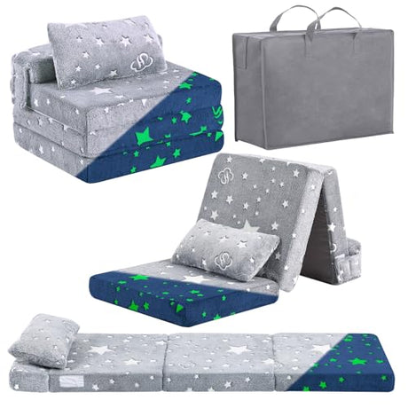 Foldable Floor Mattress with Pillow for Kids, Glow in The Dark Grey Star Toddler Washable Folding Floor Nap Mat for Daycare, Child Trifold Futon Sofa Bed with Storage Bag for Playroom Girls and Boys Givjoy