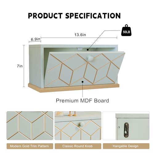 HLR Floating Nightstand, Small Nightstand with Flap Door, Morden Wall Mounted Nightstand for Bedrooms, Green HLR