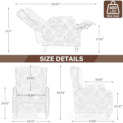 UIXE Floral Pushback Recliner Chair, Fabric Overstuffed Armchair Push Back Accent Chair for Living Room, Rivet Trim Club Chair Home Theater Single Sofa Bedroom Side Reading Seat - Rococo Green