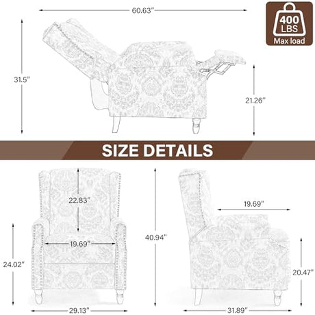 UIXE Floral Pushback Recliner Chair, Fabric Overstuffed Armchair Push Back Accent Chair for Living Room, Rivet Trim Club Chair Home Theater Single Sofa Bedroom Side Reading Seat - Rococo Green UIXE