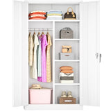 Greenvelly Metal Wardrobe Cabinet with Locking Doors, 72" H x 36" W White Metal Wardrobe Closet Cabinet with Hanging Rods and Adjustable Shelves, Steel Storage Closet for Home, Office, Employee, Gym Greenvelly