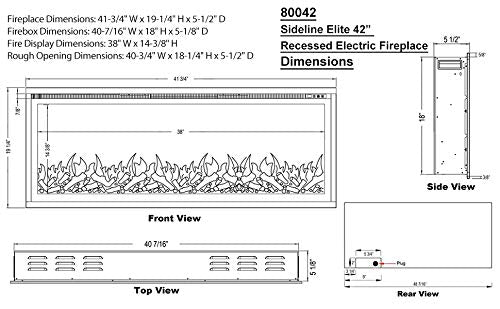 Touchstone Sideline Elite Smart Electric Fireplace - Alexa/WiFi Enabled- 42" Wide - in Wall Recessed - 60 Color Combinations - 1,500W Heater - Black - Log, Crystals, and Driftwood Touchstone