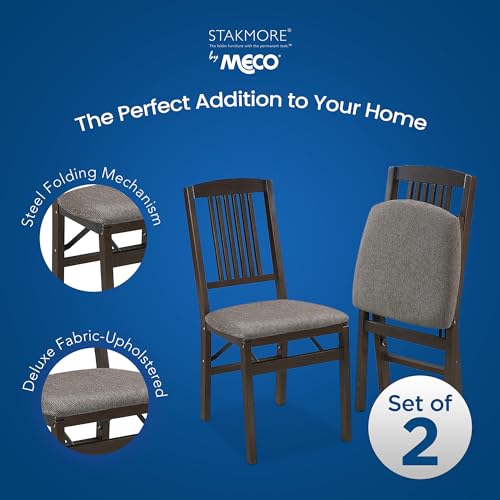 MECO Stakmore Mission Solid Foldable Wood Dining Chairs with Fabric Padded Cushioned Upholstered Seat for Indoor Use, Espresso (2 Pack)