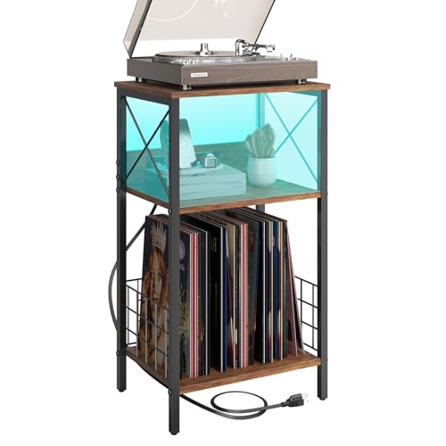 Sthmec 3 Tiers End Table with Charging Station, LED Side Small Table Turntable for Vinyl Storage, Records Player Stand for Albums, Vinyl Holder Shelf Tables for Living Room, Bedroom Rustic Brown Generic