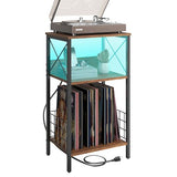 Sthmec 3 Tiers End Table with Charging Station, LED Side Small Table Turntable for Vinyl Storage, Records Player Stand for Albums, Vinyl Holder Shelf Tables for Living Room, Bedroom Rustic Brown Generic