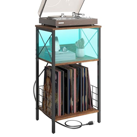 Sthmec 3 Tiers End Table with Charging Station, LED Side Small Table Turntable for Vinyl Storage, Records Player Stand for Albums, Vinyl Holder Shelf Tables for Living Room, Bedroom Rustic Brown Generic