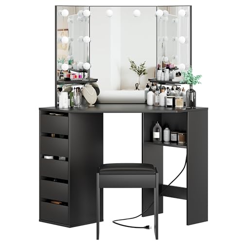 Garvee Corner Vanity Desk and Bench, Makeup Vanity Table with 3-Folding Lighted Mirrors, Charging Station, 5 Drawers for Bedroom Garvee