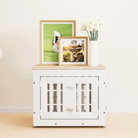 Snuowu 26" Heavy Duty Dog Crate Furniture for Small,Medium and Large Dogs,Rustic Wooden Dog Cage Kennel Indoor Furniture with Waterproof Top,Decorative Pet House Side End Table (White & Wood) Snuowu