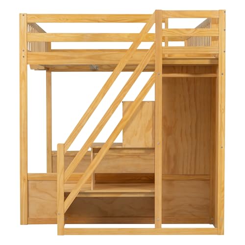 Merax Queen Size Wood Loft Bed Frame with Staircase,Storage Shelves & Wardrobe for Teens, Modern Loft Bed with Solid Slats, Guardrail, No Box Spring Required, Easy Assembly, for Bedroom, Natural Merax