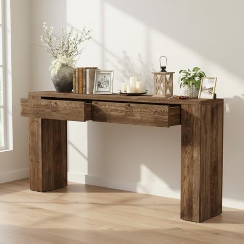 LITTLE TREE Solid Wood 63 Inches Console Table with 2 Drawers, Vintage Brown Sofa Table Behind Couch for Living Room, Long Hallway Foyer Entryway Table for Entrance LITTLE TREE