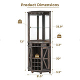 OKD Corner Bar Storage Cabinet, 72" Tall Farmhouse Wine Bar Cabinet w/Barn Door & Adjustable Shelf, Home Bar Cabinet w/LED Light & Glass Rack for Dining Room, Living Room, Kitchen, Dark Rustic Oak OKD