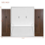 Ball & Cast Murphy Bed Queen Size with Two Side Wardrobes,Hideway Cabinet Bed,Foldable Wall Bed Frame with Led Light,Desk and Drawers for Guest Room,Apartment,Space-Saving,No Box Spring Needed,White Ball & Cast