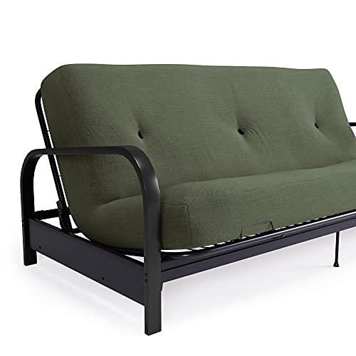 DHP Brax Black Metal Arm Full Size Futon Frame with 6" Thermobonded High Density Polyester Fill Army Green Futon Mattress