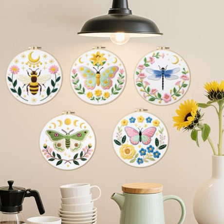 ACRNIGHEET 5PCS Embroidery Kit for Beginners Adults, Butterfly Embroidery Kit, Flowers Embroidery Starter Kit with Instructions, Including 5 Stamped Embroidery Cloth Hoops Threads, Crafts Gift Idea ACRNIGHEET