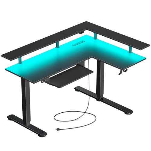 Rolanstar L Shaped Standing Desk with Keyboard Tray, Height Adjustable Corner Desk with LED Light & Power Outlet, Electric Sit Stand Computer Desk with Monitor Stand, Black Rolanstar