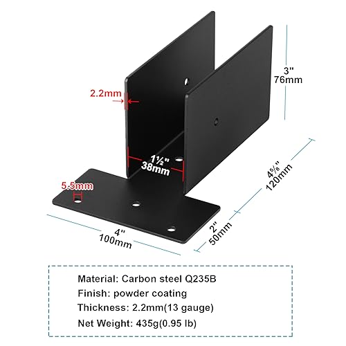 4 Pack 2x4 Pergola Upper Mount Bracket, Black Steel Top Side Joint, Wood Post and Beam Connector Timer Lumber Kit for Gazebo, 13 Gauge - WoodArtSupply