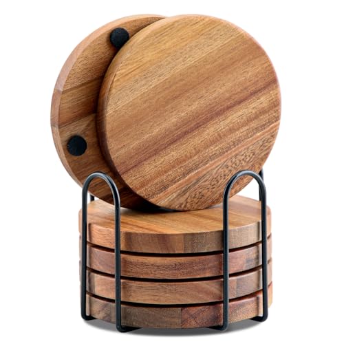 Wood Coasters for Drinks Tabletop Protection with Holder Set of 6, Acacia Wooden Coasters for Coffee Table Dining Table Desk Round with Non-Slip Pad Cup Coasters for Home Office Christmas Decor 4 Inch WLWNWFT