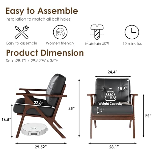 STHOUYN Black Leather Office Accent Chair Set of 2, Office Lounge Chair with Wooden Arms, Mid Century Modern Chair, Side Arm Chairs for Living Room, Comfy Guest Waiting Room Chairs (2, Black) STHOUYN
