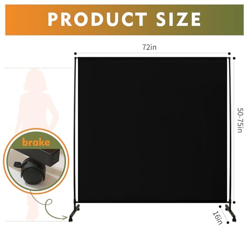 YSEJOMP Room Divider Screen 72"x72" with Lockable Caster Wheels, Privacy Panel for Home, Office, or Classroom, Easy to Move and Secure with Brake,Height Adjustable (Black, 72 X 72 Inches) YSEJOMP