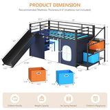 DICTAC Low Loft Bed with Slide,Storage Stairway and Led Lights Metal Twin Size Loft Bed with Under-Bed Play Space,Art Table & Play Curtain Twin Beds with 2 Drawers and 13.8''H Safety Guardrail,Black DICTAC