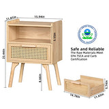 Lerliuo Rattan Nightstands Set of 2, Boho Side Table with Drawer Open Shelf, Cane Accent Bedside End Table with Solid Wood Legs for Bedroom, Dorm and Small Spaces (Natural) Lerliuo