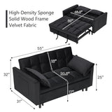 3 in 1 Convertible Sleeper Sofa Bed, Velvet Loveseat Futon Pull-Out Couch with Adjustable Reclining Backrest, Side Pockets and Pillows for Living Room, Bedroom, Apartment, Small Spaces (Black-Velvet) Ehsovlnut