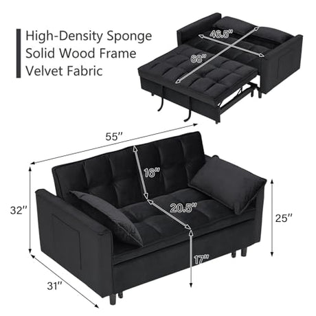 3 in 1 Convertible Sleeper Sofa Bed, Velvet Loveseat Futon Pull-Out Couch with Adjustable Reclining Backrest, Side Pockets and Pillows for Living Room, Bedroom, Apartment, Small Spaces (Black-Velvet) Ehsovlnut