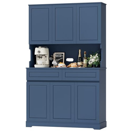 FACBOTALL 74" Pantry Cabinet, Tall Kitchen Pantry Cabinet with 6 Doors and 2 Drawers, Kitchen Hutch with Wide Countertop, Modern Kitchens Cupboard with Adjustable Shelves and Charge Holes, Blue FACBOTALL