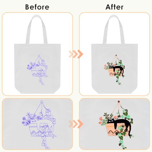 ERKOON Embroidery Canvas Tote Bag for Beginners, Needlepoint Arts Crafts Cross Stitch Kits for Adults Including Stamped Embroidery Bag with Hoops, Needle, Instruction and Color Threads (Cat)