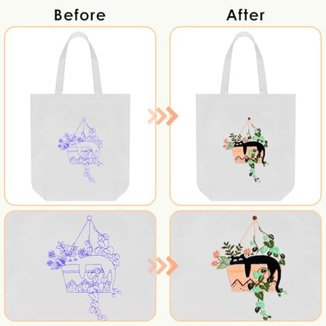 ERKOON Embroidery Canvas Tote Bag for Beginners, Needlepoint Arts Crafts Cross Stitch Kits for Adults Including Stamped Embroidery Bag with Hoops, Needle, Instruction and Color Threads (Cat) ERKOON